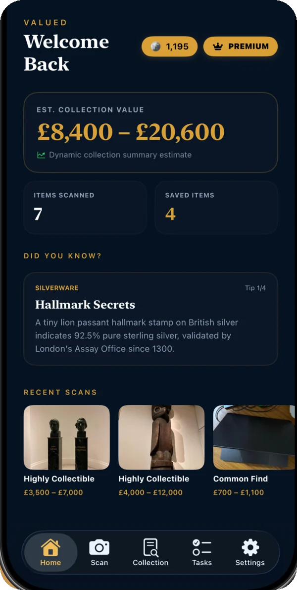 Home screen with estimated collection value and recent scans.