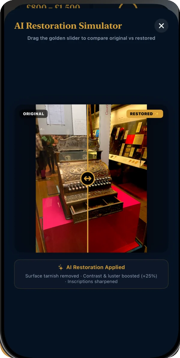 Restoration simulator comparing an original and a cleaned-up version.