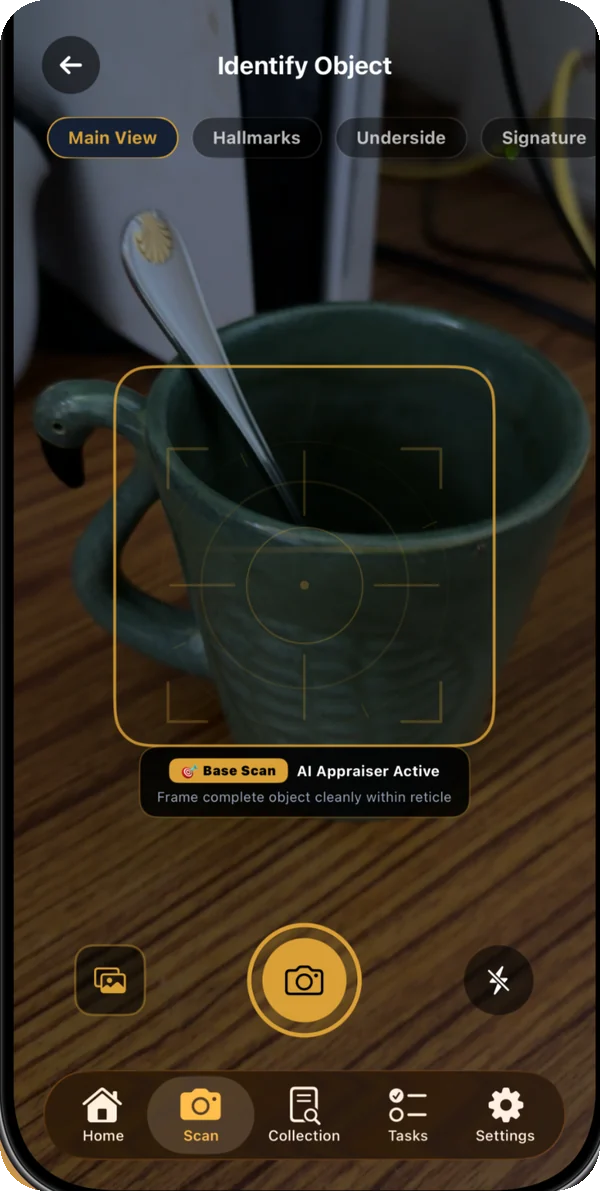 Scanning screen with the framing reticle and angle tabs.