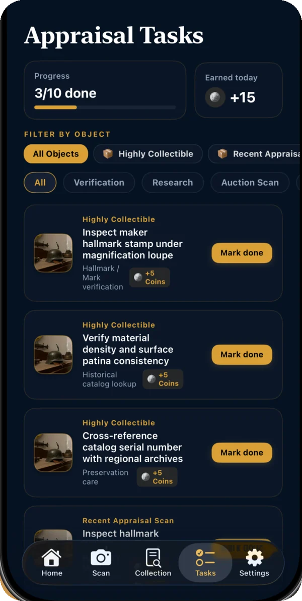 Appraisal tasks checklist for verifying an item.